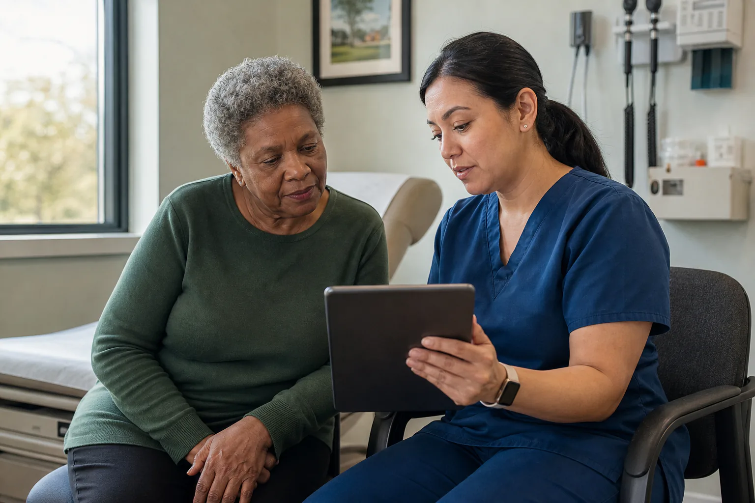 Community health nurse reviewing a follow-up plan with an older patient by tablet