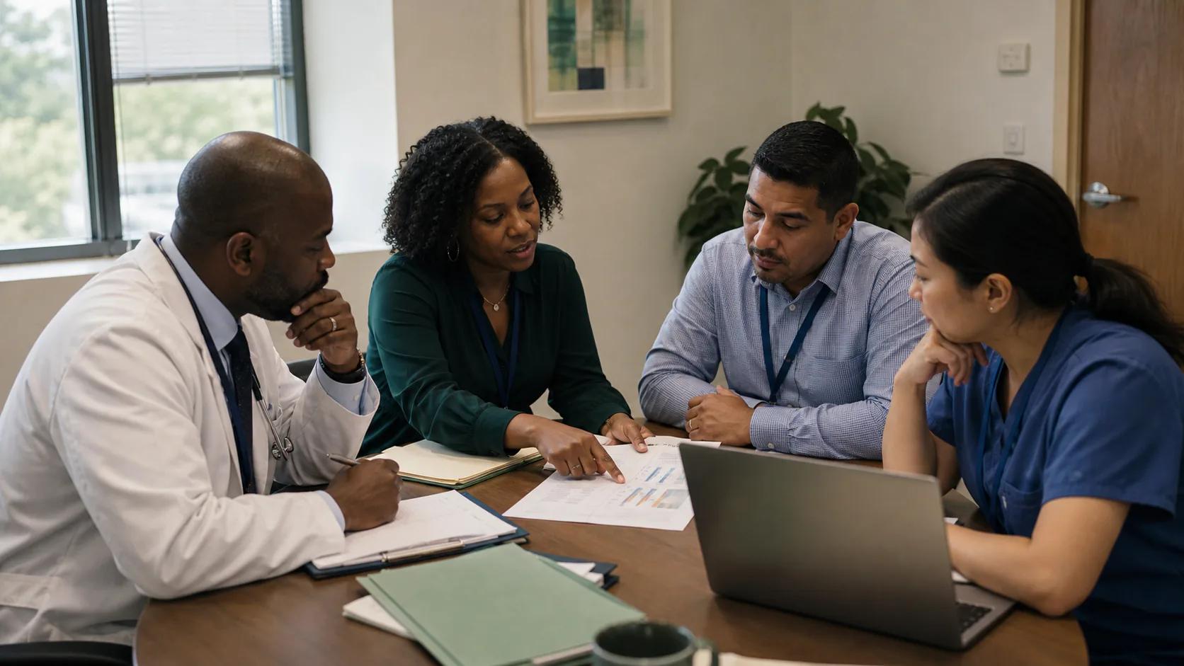 Community health and specialty leaders reviewing outcomes together