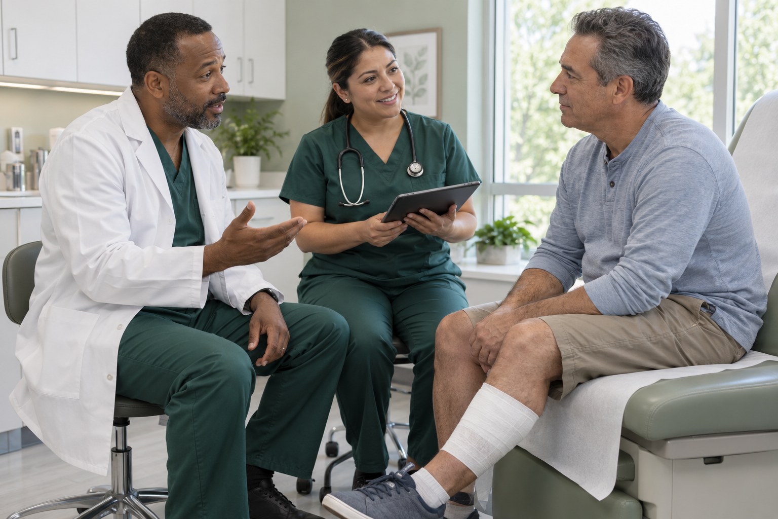 Two CWS providers speaking with a patient during an in-person visit