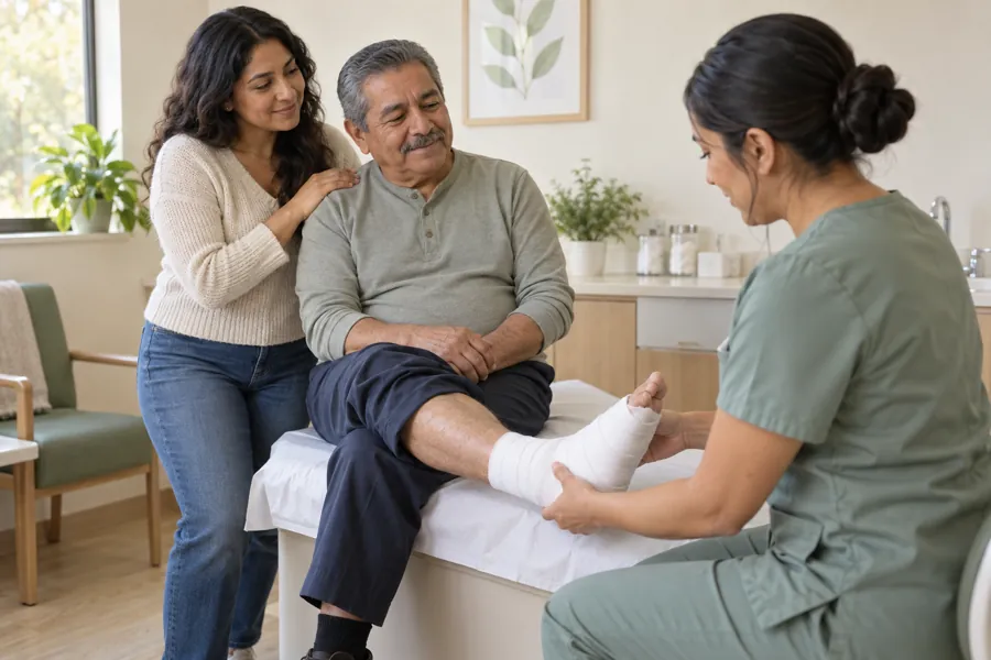 An older man with his daughter beside him while a nurse checks his bandaged foot