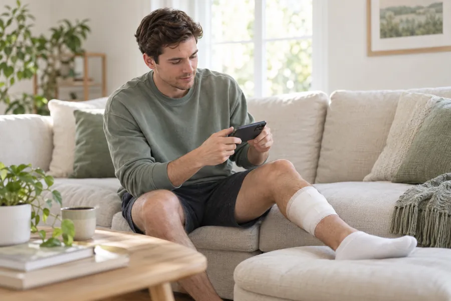 A young man photographs a bandaged wound on his shin with his phone for a virtual wound check