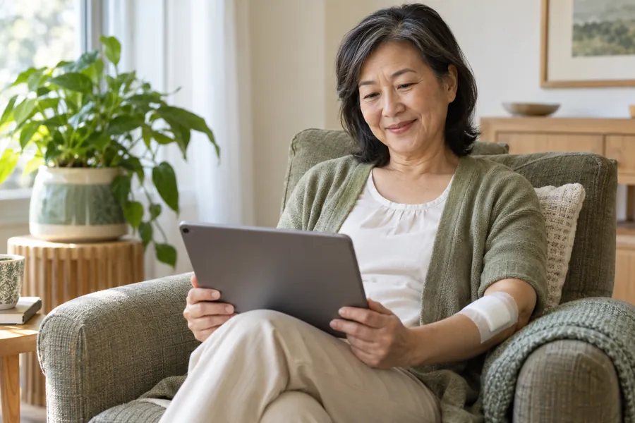 A woman on a video visit on her tablet at home, a bandage on her forearm