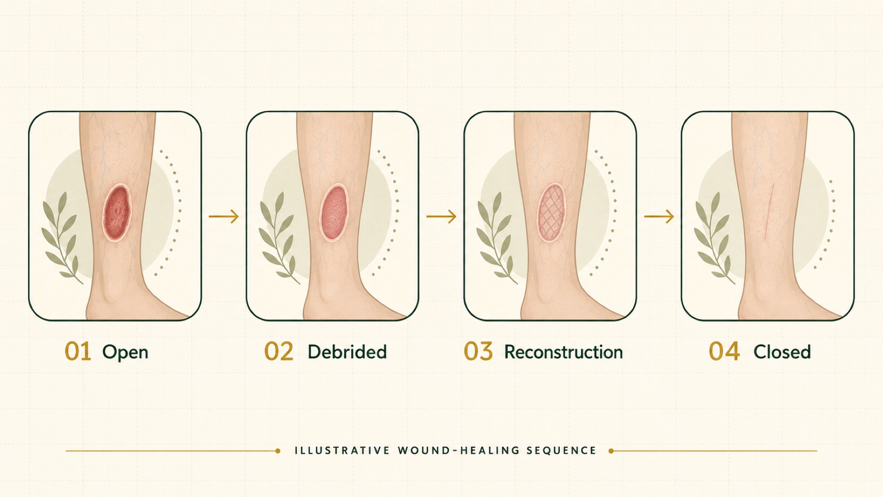 Illustrative four-stage wound-healing sequence: open, debrided, reconstruction, and closed